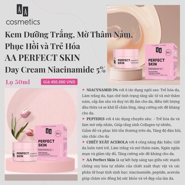 Kem cấp ẩm, trắng sáng, chống oxy hóa AA COSMETICS Perfect Skin Day Cream Niacinamide 5% giúp trẻ hóa, làm mịn da - Thumbnail 3